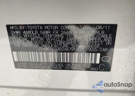 2011 Lexus Es 350 z USA, uszkodzony, nr VIN JTHBK1EG4B2467958